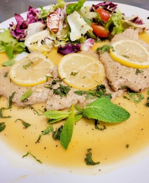 Gesneden kip in citroen-botersaus met kruiden en een bijgerecht salade